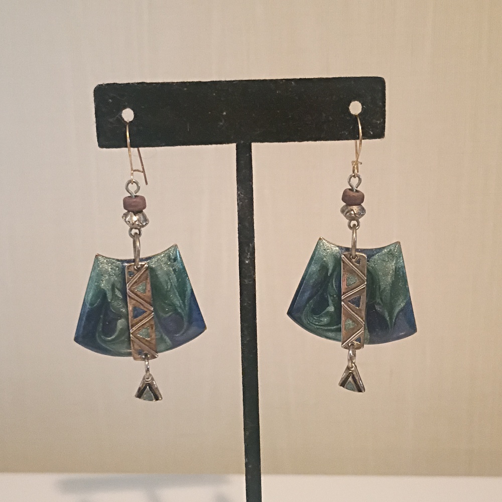 Vintage Edgar Berebi Designed & Marked Teal/Blue Swirl Enamel Dangle Earrings